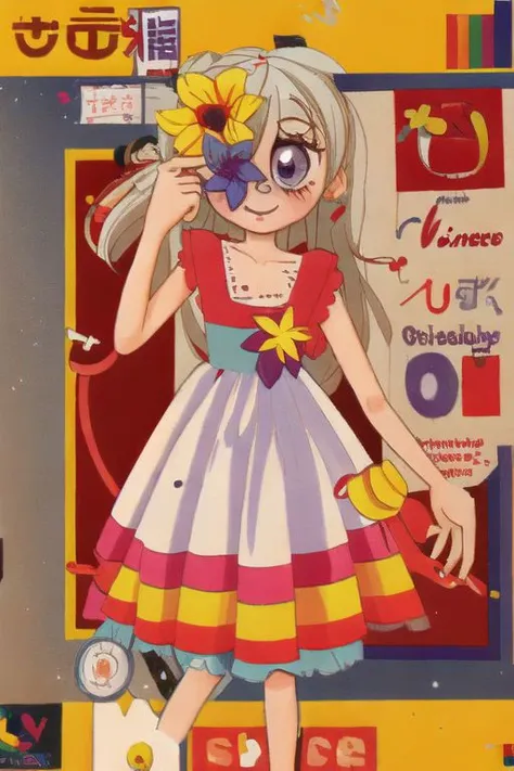 1girl, looney, flower eyepatch, design, prism, dress