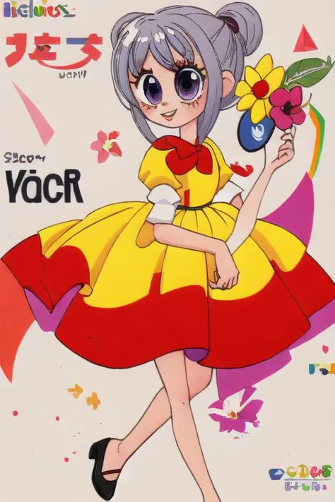 1girl, looney, flower eyepatch, design, prism, dress