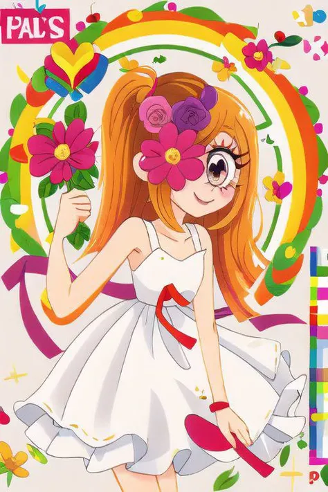1girl, looney, flower eyepatch, design, prism, dress
