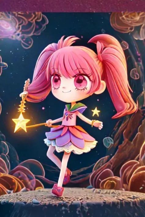 1girl, kogao, pink dress, magical girl, magic sceptre, twin tails, stars, pose, happy, changed style, drawix1, claysculpt