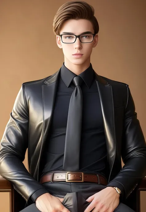 1boy, 16~20 years old, male focus, muscular male, nsfw, 3D, realistic, indoor, normal hue, central, golden ratio, sitting on the leather throne, sharp-featured body, tall, burly, highres, slender build, perfect anatomy, skin texture, thick dark buzzcut hair, see-through bangs, shallow eyebrow, symmetrical eyebrow, large bright eyes, symmetrical eyes, square gold-rimmed glasses, big straight nose, closed mouth, broad shoulders, noble attire, bdominal stretch, tight-fitting, stand-up collared white shirt, leather armbands, brooch, necktie, tie clip, vest, open dark leather jacket, leather gloves, black trousers, leather belt, spreading long thin legs, <lora:OnlyCocks_v1.0:0.5>, large erect penis over 10 inches length and 3 inches width, erection, large scrotum with testicles, masturbation, high-heeled leather boots, soft smile, handsome, powerful, from front, looking ahead at viewer, day, masterpiece, best quality, hyper-detailed, intricate detail, professional photography, matte, bright, the most beautiful ever seen, post processing, dreamatic lighting, ambient lighting, epic composition, ultrawide shot, uplight, raytracing reflections, depth of field, gorgeous background <lora:5.ForAllTimeEmerald_v1.0:0.5>