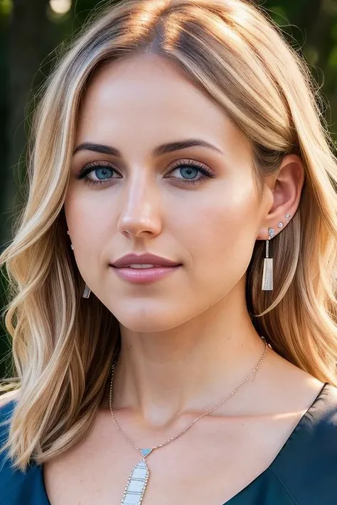 beautiful woman (blonde Dan4Br3m5-140:.99), perfect waist, closeup portrait, realistic, (detailed:1.15),(film grain, skin details, 4k:1), smile, Dappled Light, analog style (look at the viewer), (skin texture), (film grain), (hyper-realistic texture skin:1.3), cinematic light, sidelighting, ultra high res, best shadow, RAW, beautiful hair, (designer ((high neckline)) blouse:1.2),(__noun-landscape__[::1]:1.1), professional model photoshoot, hdr, (at dawn:1.1), (glossy lips), (stud earrings, intricate necklace:1.2)