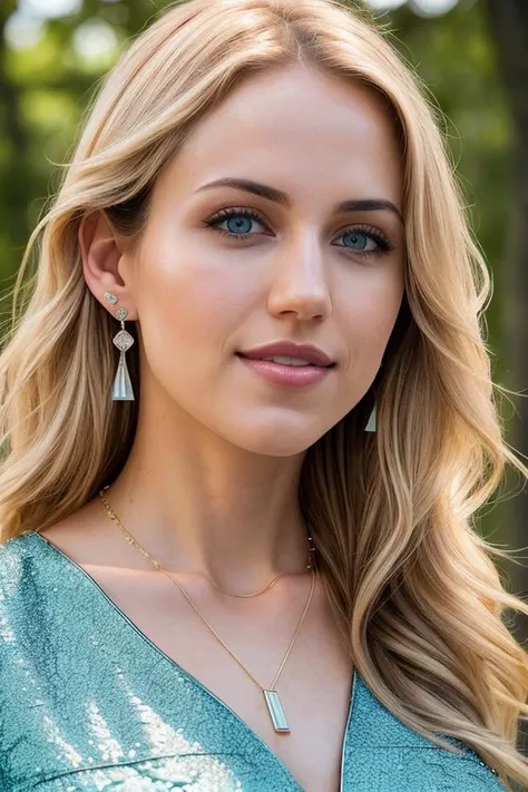 beautiful woman (blonde Dan4Br3m5-140:.99), perfect waist, closeup portrait, realistic, (detailed:1.15),(film grain, skin details, 4k:1), smile, Dappled Light, analog style (look at the viewer), (skin texture), (film grain), (hyper-realistic texture skin:1.3), cinematic light, sidelighting, ultra high res, best shadow, RAW, beautiful hair, (designer ((high neckline)) blouse:1.2),(__landscape__[::1]:1.1), professional model photoshoot, hdr, (at dawn:1.1), (glossy lips), (stud earrings, intricate necklace:1.2)