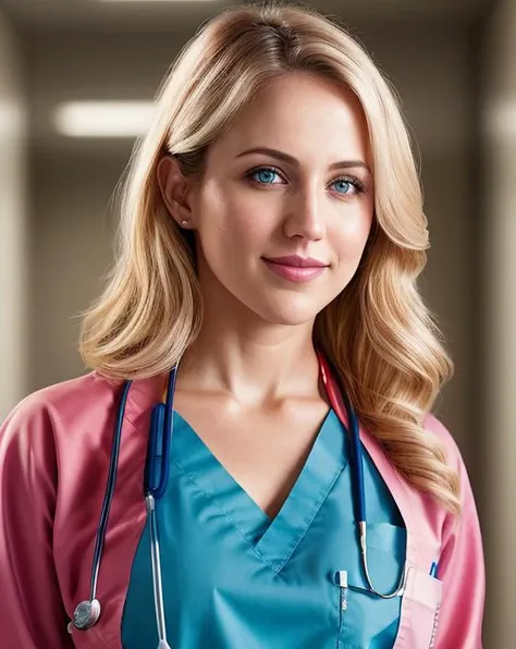beautiful woman (blonde Dan4Br3m5-140:.99), (a doctor:1.2), (portrait:1.2), elegant, (wearing scrubs and a lab coat:1.4) , hair blowing in wind, wind lift, natural skin texture, (hospital hallway), sunset, cute smile, 24mm, 4k textures, soft cinematic light, adobe lightroom, photolab, hdr, intricate, elegant, highly detailed, sharp focus, ((((cinematic look)))), soothing tones, insane details, intricate details, hyperdetailed, low contrast, soft cinematic light, exposure blend, hdr, faded,