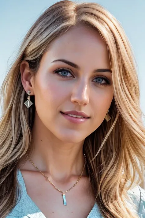 beautiful woman (blonde Dan4Br3m5-140:.99), perfect waist, closeup portrait, realistic, (detailed:1.15),(film grain, skin details, 4k:1), smile, Dappled Light, analog style (look at the viewer), (skin texture), (film grain), (hyper-realistic texture skin:1.3), cinematic light, sidelighting, ultra high res, best shadow, RAW, beautiful hair, (designer ((high neckline)) blouse:1.2),(clock tower:1.1), professional model photoshoot, hdr, (at dawn:1.1), (glossy lips), (stud earrings, intricate necklace:1.2)