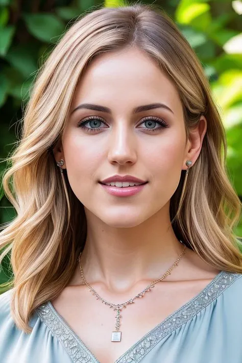 beautiful woman (blonde Dan4Br3m5-140:.99), perfect waist, closeup portrait, realistic, (detailed:1.15),(film grain, skin details, 4k:1), smile, Dappled Light, analog style (look at the viewer), (skin texture), (film grain), (hyper-realistic texture skin:1.3), cinematic light, sidelighting, ultra high res, best shadow, RAW, beautiful hair, (designer ((high neckline)) blouse:1.2),(flower garden:1.1), professional model photoshoot, hdr, (at dawn:1.1), (glossy lips), (stud earrings, intricate necklace:1.2)