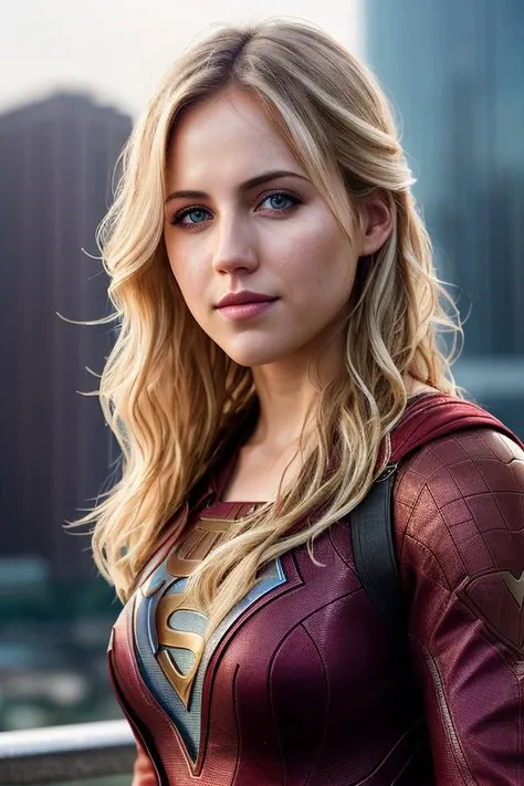 beautiful woman (blonde Dan4Br3m5-140:.99), beautiful hair, elegant,  ((portrait)), (closeup:1.1), ((from the waist up)), (rainy, skyscraper roof:1.2), (wet hair, wet skin:1.2)  hair blowing in wind, wind lift, natural skin texture, ((cosplaying as superhero:1.2)), 24mm, 4k textures, soft cinematic light, adobe lightroom, photolab, hdr, intricate, elegant, highly detailed, sharp focus, ((((cinematic look)))), soothing tones, insane details, intricate details, hyperdetailed, low contrast, soft cinematic light, exposure blend, hdr, faded,