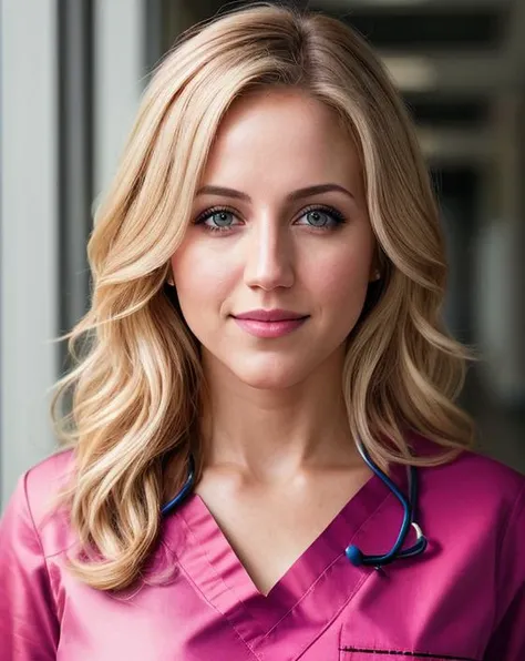 beautiful woman (blonde Dan4Br3m5-140:.99), (a doctor:1.2), (portrait:1.2), elegant, (wearing scrubs and a lab coat:1.4) , hair blowing in wind, wind lift, natural skin texture, (hospital hallway), sunset, cute smile, 24mm, 4k textures, soft cinematic light, adobe lightroom, photolab, hdr, intricate, elegant, highly detailed, sharp focus, ((((cinematic look)))), soothing tones, insane details, intricate details, hyperdetailed, low contrast, soft cinematic light, exposure blend, hdr, faded,