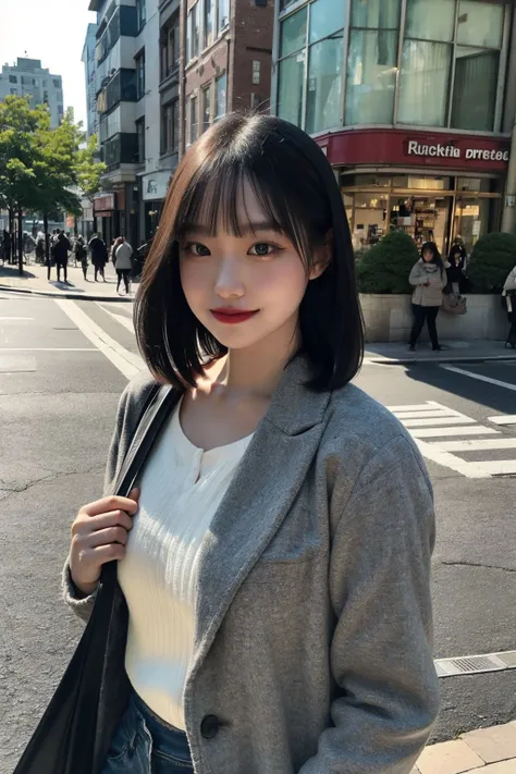 glamour photo of junnadayoo, amidst a bustling city, upper body framing, in a street photography setting, golden hour lighting:1.3), shot at eye level, on a Fujifilm X-T4 with a 50mm lens, <lora:junnadayoo-14:0.9>