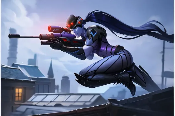 widowmaker, holding weapon, aiming to the right, death glare, visor, high heel boots, night sky, night, roof, <lora:widowmakerOverwatchLORA_v1:0.7>, best quality