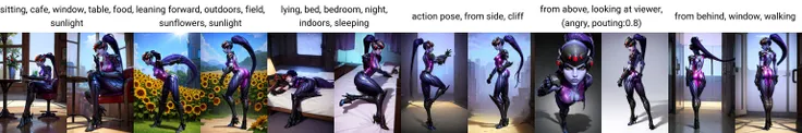 (masterpiece, best quality:1.2), highres, sitting, cafe, window, table, food, sunlight, <lora:widowmakerOverwatch_v2:0.75>, widowmaker, ponytail, purple skin, head-mounted display, visor, bodysuit, gloves, high heels , solo, armor