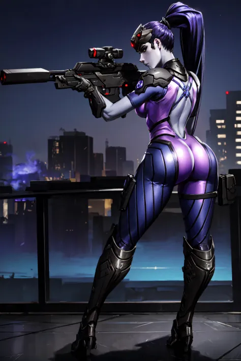 masterpiece,high quality,best quality,4k,super detailed,4k,focus sharp,widowmaker,overwatch,purple skin,ponytail hair,dark blue hair,(spread legs),serious expression,good eyes,quality eyes,good hands,closeup,looking at left,standing,aiming with a sniper,sniper,(big butt),sexy,fit,(night),darkness,modern city background,top of a building, <lora:widowmakerLast:0.6>,