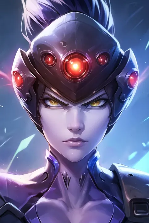 portrait, widowmaker, death glare, visor, night sky, <lora:widowmakerOverwatchLORA_v1:0.7>, best quality