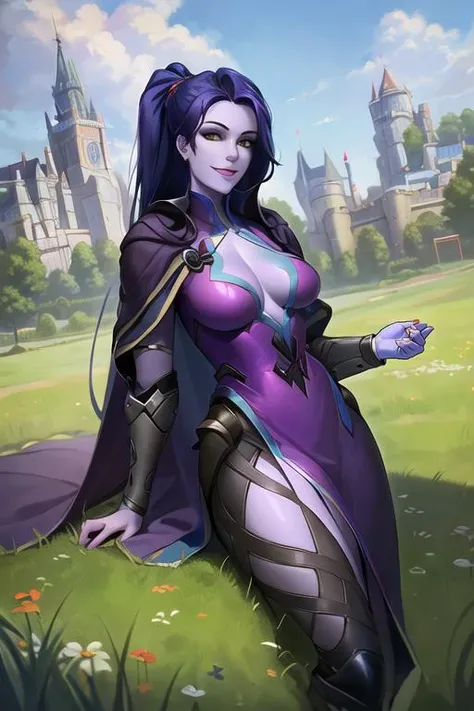 widowmaker, (medieval robe:1.3), purple skin, hopeful smile, grass field, medieval castle in background, looking at viewer,<lora:widowmakerOverwatchLORA_v1:0.7>, best quality
