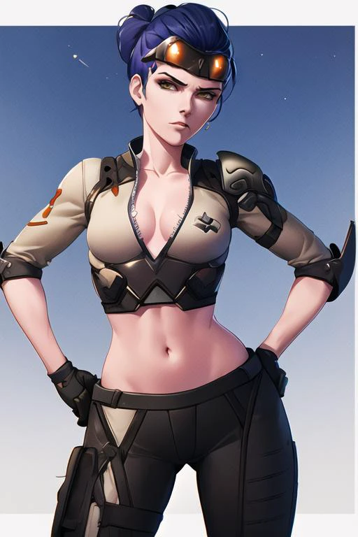 widowmaker_talon, ((talon armor)), black pants, jacket, beige skin, midriff, navel, neutral expression, talon eyewear on head, night sky background, moonlight, hands on hips, <lora:widowmakerOverwatchLORA_v1:0.7>, best quality
