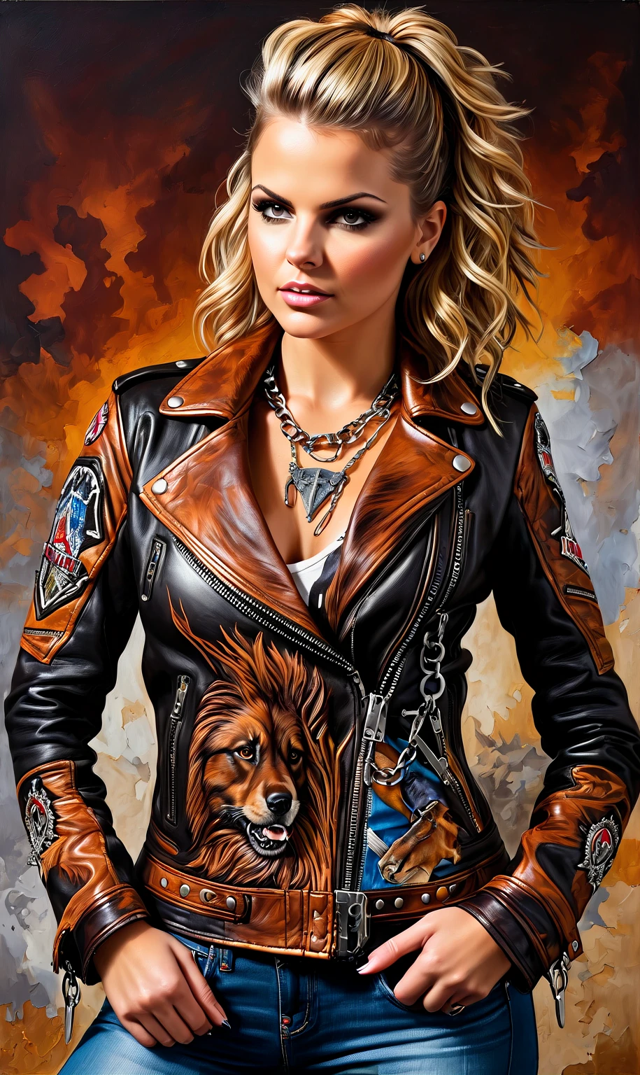 Heavy Metal style carved leather jacket, maximalism, intricate details, heavy metal theme, chains, symbolism, colorful,
Art by [Metallica | Geoffrey B. Small | Annie Libertini | Saddie Hawthorne], complex scene, intricate pose,
(Leatherwork that displays a unique combination of sculpture and painting techniques and often depicts natural themes like animals and landscapes. Realistic detailing achieved through meticulous tooling and painting of leather. Use of different tones of brown and black to portray depth and dimensionality). by Satori Canton.
