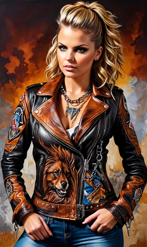 Heavy Metal style carved leather jacket, maximalism, intricate details, heavy metal theme, chains, symbolism, colorful,
Art by [Metallica | Geoffrey B. Small | Annie Libertini | Saddie Hawthorne], complex scene, intricate pose,
(Leatherwork that displays a unique combination of sculpture and painting techniques and often depicts natural themes like animals and landscapes. Realistic detailing achieved through meticulous tooling and painting of leather. Use of different tones of brown and black to portray depth and dimensionality). by Satori Canton.