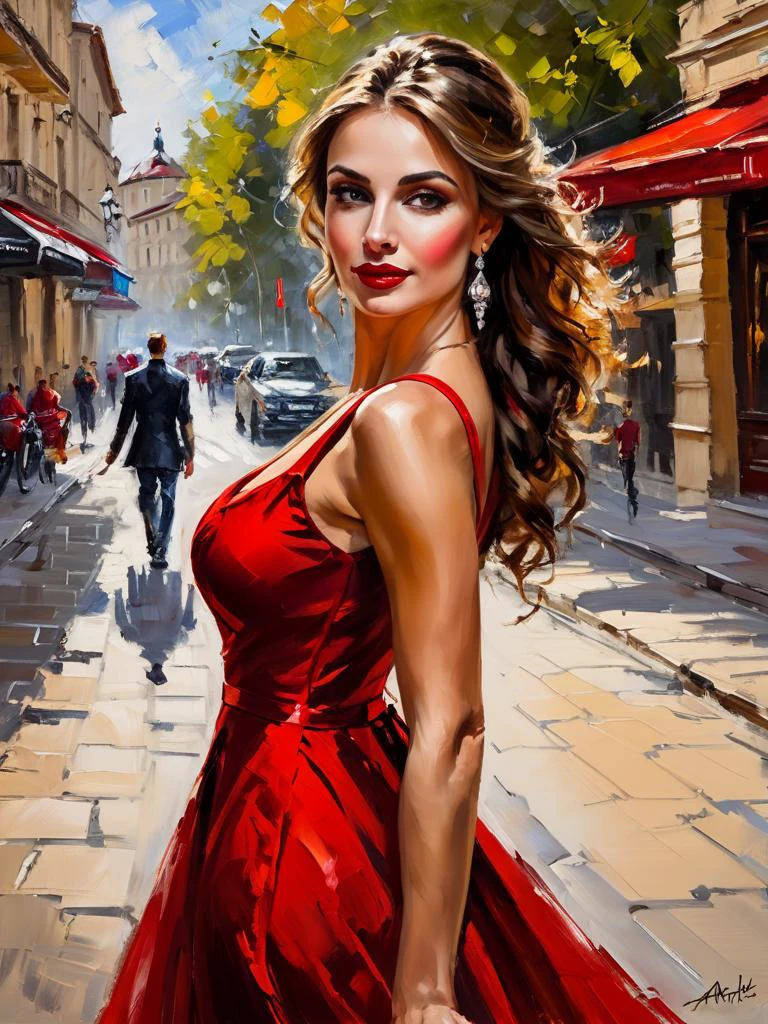 impressionist painting art by andrew atroshenko, sexy beautiful girl in a long red dress on the streets of Chisinau - Moldova, (close portrait:1.3), (Feminine:1.4), (beautiful:1.4), (attractive:1.3), handsome, perfectly detailed eyes, upper body view, breasts focus, looking back loose brushwork,vibrant color,light and shadow play,captures feeling over form