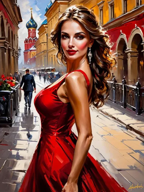 impressionist painting art by andrew atroshenko, sexy beautiful girl in a long red dress on the streets of Moscow - Russia, (close portrait:1.3), (Feminine:1.4), (beautiful:1.4), (attractive:1.3), handsome, perfectly detailed eyes, upper body view, breasts focus, looking back loose brushwork,vibrant color,light and shadow play,captures feeling over form