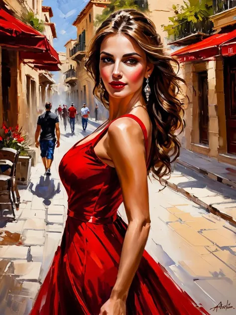 impressionist painting art by andrew atroshenko, sexy beautiful girl in a long red dress on the streets of Athens - Greece, (close portrait:1.3), (Feminine:1.4), (beautiful:1.4), (attractive:1.3), handsome, perfectly detailed eyes, upper body view, breasts focus, looking back loose brushwork,vibrant color,light and shadow play,captures feeling over form