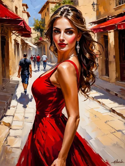 impressionist painting art by andrew atroshenko, sexy beautiful girl in a long red dress on the streets of Nicosia - Cyprus, (close portrait:1.3), (Feminine:1.4), (beautiful:1.4), (attractive:1.3), handsome, perfectly detailed eyes, upper body view, breasts focus, looking back loose brushwork,vibrant color,light and shadow play,captures feeling over form