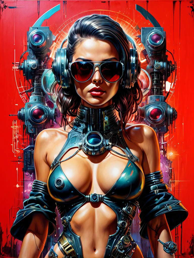 Immerse yourself in a captivating painting that explores the realm of lustful cyberpunk aesthetics. This close-up, full-color painting focuses on a squatting cyberpunk girl, exuding an alluring presence. Adorned with (sunglasses:1.2) and (high heel shoes:1.2), she embodies a seductive and confident persona. Her perfect (hourglass figure:1.2) and (perky tits:1.2) accentuate her beauty. The painting is a collaboration between renowned artist Carne Griffiths, known for his captivating graffiti art, and captures the essence of his unique style. Against a backdrop of a vibrant (red wall:1.1), the insane details and intricate elements of the artwork come to life. The (low contrast:1.1) and (soft cinematic light:1.1) create a dim and moody atmosphere, enhancing the cyberpunk theme. The exposure blend and HDR techniques contribute to the overall visual impact. In the foreground, the artwork showcases colorful elements of (retrofuturism:1.3), (science fiction:1.2), and dystopian art, drawing inspiration from (Clarence Holbrook Carter:1.2), (Ed Emshwiller:1.2), and the cyberpunk culture. This painting has gained recognition as a contest winner on platforms like CGSociety, ArtStation, and DeviantArt, captivating audiences with its ultrafine and detailed depiction of future tech. Fans of the Fallout series will find elements of inspiration in this mesmerizing artwork.