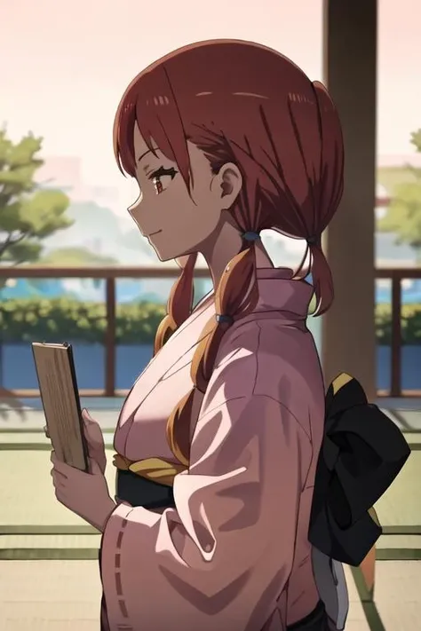 best quality, masterpiece, highres, solo, {yukata:1.40}, {kimono:1.20}, {sarina_shizukume_mahoushoujosite:1.15}, red_hair, twintails, red_eyes, long_hair, anime_coloring, serafuku, brown_eyes