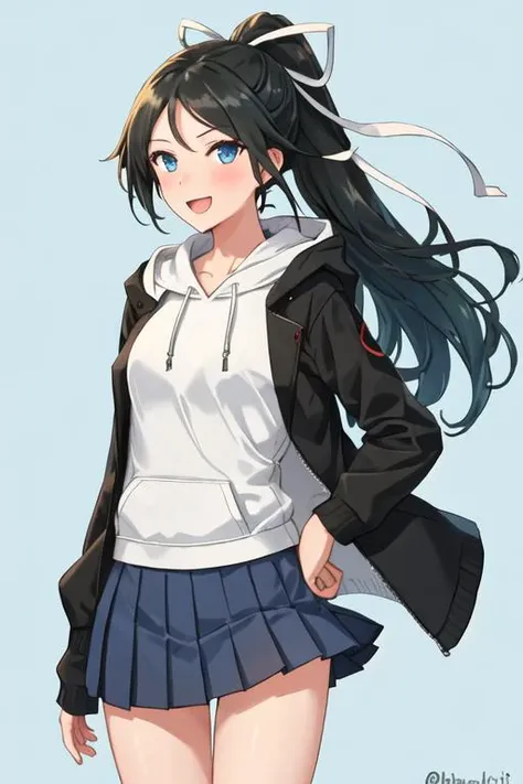 best quality, masterpiece, highres, solo, {katsuragi_kantaicollection:1.15}, black_hair, long_hair, ribbon, hair_ribbon, blue_eyes, ponytail, white_ribbon, smile, 1girl, alternate_costume, hood, hooded_jacket, hooded_sweater, hoodie, jacket, looking_at_viewer, simple_background, skirt, sweater, twitter_username, blue_background, cowboy_shot, pleated_skirt, one-hour_drawing_challenge, open_mouth