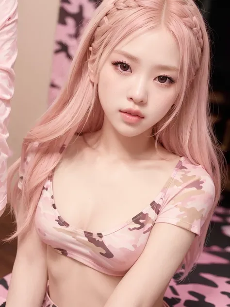 close-up portrait of Rose Blackpink, blonde hair, (pink camo t-shirt:1.3), k-pop Idol, contrapposto, best quality, ultra high res, (photorealistic:1.3), 1girl, small breasts, (in a nighclub:1.3), beauty512, <lora:Rose Blackpink:0.6>