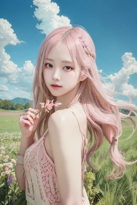 <(realistic:1.4), (extremely intricate:1.2)>, 1girl, solo, barefoot, flower, long hair, sky, dress, petals, outdoors, holding, holding flower, cloud, pink hair, wind, field
<lora:rosBlackpink_v1:0.8> <lora:Japanese-doll-likeness:0.2> <lora:koreanDollLikeness_v10:0.4>