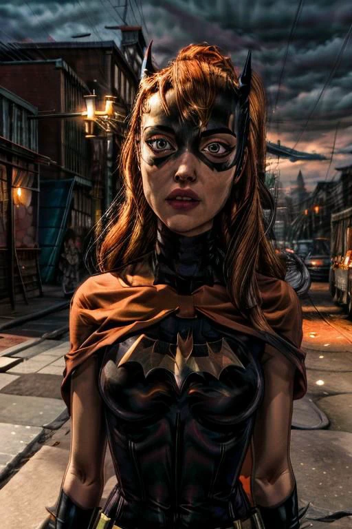 a ite woman with orange hair wearing a (((orange batman mask))), masterpiece, best quality, 1girl, batgirl, atmospheric scene, (detailed beautiful face, detail skin texture, ultra-detailed body:1.1),, ((extreme skin detail)), hdr, ((ultrarealistic)), medium breasts, (((clothed nipples))), iridescent (((bright orange bodysuit))), (((black batman logo))), (((torn clothes))), ((looking up)), angry, shocked, (((dark eye make up smeared))), (((orange cape))), utility belt, (camel toe), black lit