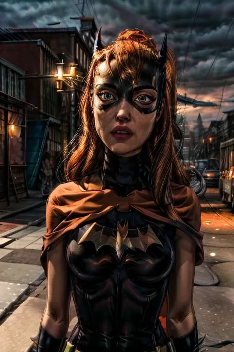 a petite woman with orange hair wearing a (((orange batman mask))), masterpiece, best quality, 1girl, batgirl, atmospheric scene,  (detailed beautiful face, detail skin texture, ultra-detailed body:1.1),, ((extreme skin detail)), hdr, ((ultrarealistic)),  medium breasts, (((clothed nipples))), iridescent (((bright orange bodysuit))), (((black batman logo))), (((torn clothes))),  ((looking up)),  angry, shocked,  (((dark eye make up smeared))), (((orange cape))), utility belt,  (camel toe), black lit