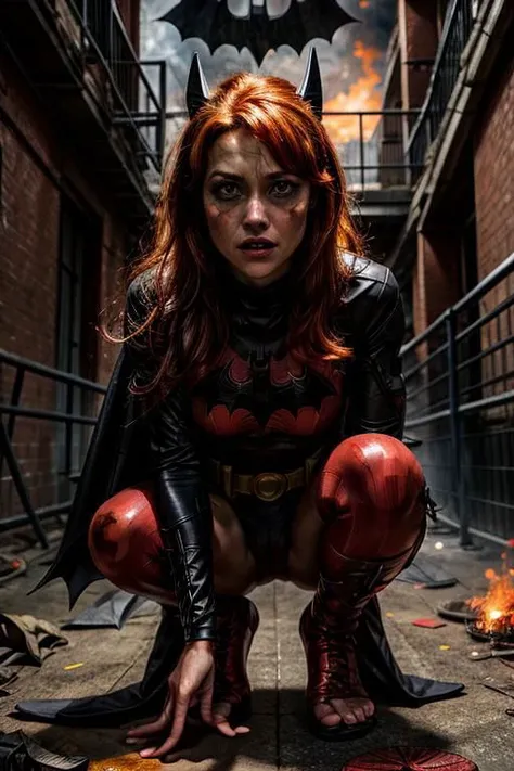 (((from below))), a ite woman with messy orange hair wearing a red batman mask in a burning bulding surrounded by fire, masterpiece, best quality, 1girl,batgirl, atmospheric scene,  (detailed beautiful face, detail skin texture, ultra-detailed body:1.1),, ((extreme skin detail)), hdr, ((ultrarealistic)), (((messy orange hair))), medium breasts, (((clothed nipples))), iridescent (((bright red bodysuit))), (((batman logo))), (((torn clothes))), ((stand on her knees)), ((looking up)),  (((crying))), (((sad))), shocked, ((sweaty)), (((mascara running))), (((dark eye make up smeared))), red cape, utility belt,  clothed nipples, camel toe, black lit, (((fire)))