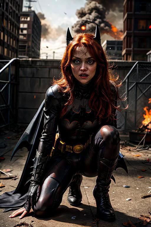 (((from below))), a ite woman with messy orange hair wearing a red batman mask in a burning bulding surrounded by fire, masterpiece, best quality, 1girl,batgirl, atmospheric scene, (detailed beautiful face, detail skin texture, ultra-detailed body:1.1),, ((extreme skin detail)), hdr, ((ultrarealistic)), (((messy orange hair))), medium breasts, (((clothed nipples))), iridescent (((bright red bodysuit))), (((batman logo))), (((torn clothes))), ((stand on her knees)), ((looking up)), (((crying))), (((sad))), shocked, ((sweaty)), (((mascara running))), (((dark eye make up smeared))), red cape, utility belt, clothed nipples, camel toe, black lit, (((fire)))
