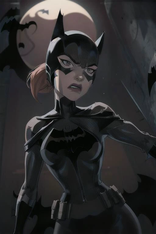 from below, a ite woman with orange hair in ponytail wearing tight black yoga pants, masterpiece, best quality, 1girl, batgirl, atmospheric scene, (detailed beautiful face, detail skin texture, ultra-detailed body:1.1),, ((extreme skin detail)), hdr, ((ultrarealistic)), , medium breasts, ((clothed nipples)), iridescent (((tight black bodysuit))), (((black batman logo))), ((looking up)), (((angry))), ((sweaty)), (((dark eye make up smeared))), utility belt, clothed nipples, camel toe, black lit, in a dojo, training