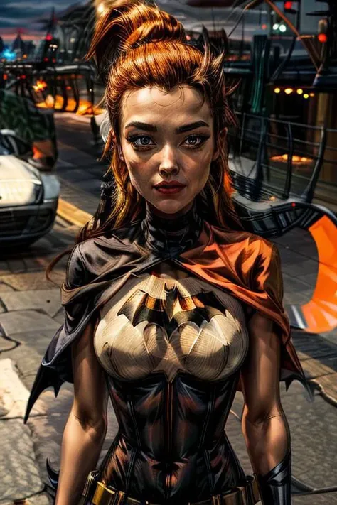 a ite woman with orange hair wearing a (((orange batman mask))), masterpiece, best quality, 1girl, batgirl, atmospheric scene, city roof top, (detailed beautiful face, detail skin texture, ultra-detailed body:1.1),, ((extreme skin detail)), hdr, ((ultrarealistic)), medium breasts, (((clothed nipples))), iridescent (((bright orange bodysuit))), (((black batman logo))), smug look, (((dark eye make up smeared))), (((orange cape))), utility belt, (camel toe), black lit