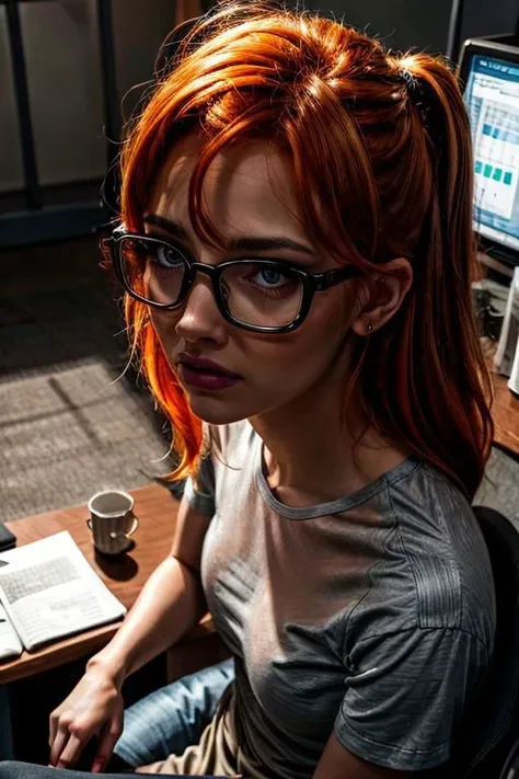 from above, a beautiful woman sitting in a wheelchair in a dark room, masterpiece, best quality, 1girl, barbara gordan, portrait, sitting in a high tech room, close on face with glasses staring at a computer screen, green eyes, (((harsh screen glare on glasses))), (((typing at a computer))), (((surrounded by high tech stuff))), serious look on her face, concerned look, atmospheric scene, (detailed beautiful face, detail skin texture, ultra-detailed body:1.1),, ((extreme skin detail)), hdr, ((ultrarealistic)), (((ite))), (((orange hair))), dark eye make up, tight black t-shirt, medium breasts, ((clothed nipples)), black lit, ((dark dramatic lighting))