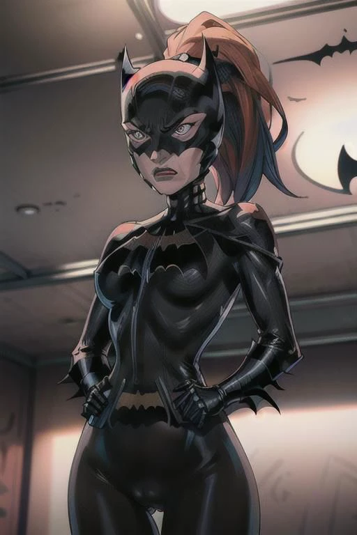 from below, a petite woman with orange hair in ponytail wearing tight black yoga pants, masterpiece, best quality, 1girl, batgirl, atmospheric scene, (detailed beautiful face, detail skin texture, ultra-detailed body:1.1),, ((extreme skin detail)), hdr, ((ultrarealistic)), , medium breasts, ((clothed nipples)), iridescent (((tight black bodysuit))), (((black batman logo))), ((looking up)), (((angry))), ((sweaty)), (((dark eye make up smeared))), utility belt, clothed nipples, camel toe, black lit, in a dojo, training