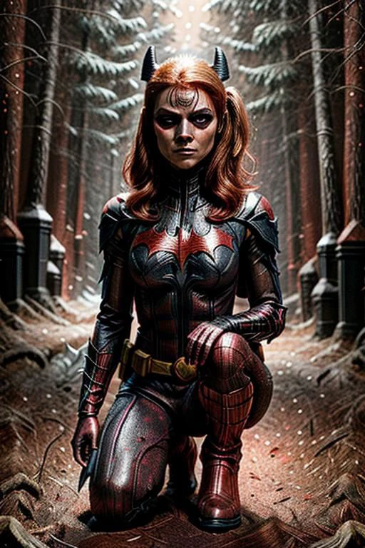 (((from below))), a ite woman with messy orange hair wearing a (((red batman mask))) in a burning bulding surrounded by fire, masterpiece, best quality, 1girl,batgirl, atmospheric scene, (detailed beautiful face, detail skin texture, ultra-detailed body:1.1),, ((extreme skin detail)), hdr, ((ultrarealistic)), (((messy orange hair))), medium breasts, (((clothed nipples))), iridescent (((bright red bodysuit))), (((batman logo))), (((torn clothes))), ((stand on her knees)), ((looking up)), (((crying))), (((sad))), shocked, ((sweaty)), (((mascara running))), (((dark eye make up smeared))), red cape, utility belt, clothed nipples, camel toe, black lit, (((fire)))