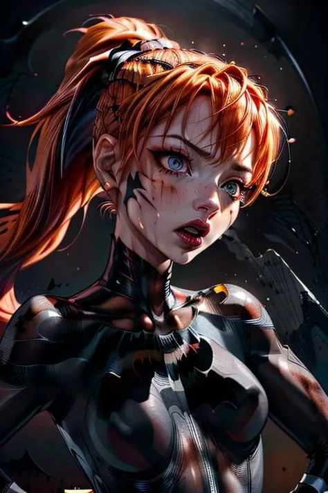 from far away, whole body shot of a petite woman with (((orange hair in ponytail))) wearing tight black yoga pants, masterpiece, best quality, 1girl, batgirl, atmospheric scene, (detailed beautiful face, detail skin texture, ultra-detailed body:1.1),, ((extreme skin detail)), hdr, ((ultrarealistic)), , medium breasts, ((clothed nipples)), iridescent (((tight black bodysuit))), (((black batman logo))), ((looking up)), (((angry))), ((sweaty)), (((dark eye make up smeared))), utility belt, clothed nipples, camel toe, black lit, in a dojo, training