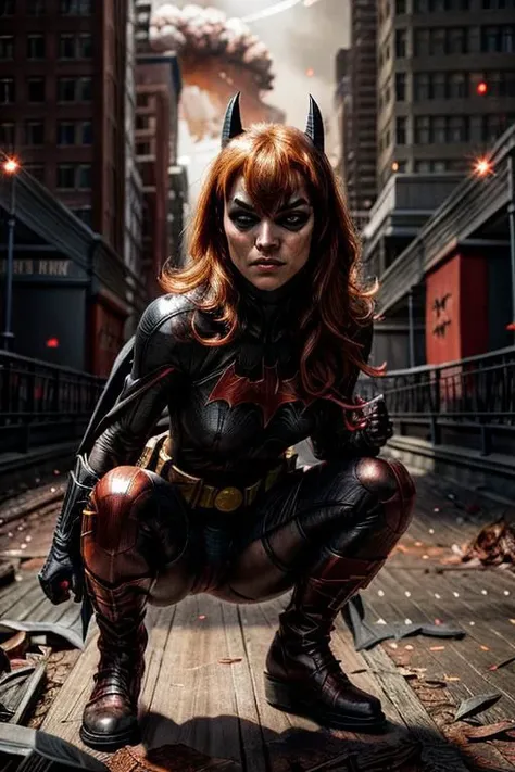 (((from below))), a ite woman with messy orange hair wearing a (((red batman mask))) in a burning bulding surrounded by fire, masterpiece, best quality, 1girl,batgirl, atmospheric scene, (detailed beautiful face, detail skin texture, ultra-detailed body:1.1),, ((extreme skin detail)), hdr, ((ultrarealistic)), (((messy orange hair))), medium breasts, (((clothed nipples))), iridescent (((bright red bodysuit))), (((batman logo))), (((torn clothes))), ((stand on her knees)), ((looking up)), (((crying))), (((sad))), shocked, ((sweaty)), (((mascara running))), (((dark eye make up smeared))), red cape, utility belt, clothed nipples, camel toe, black lit, (((fire)))