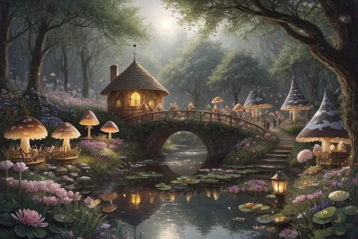 trending on Artstation, cute fantasy highly detailed, surrealistic, birds, butterflies, cute fantasy cartoon, flowers, swirls, pearls, woodland, mushrooms, cute fantasy fairy butterflies, cute fairy birds, water lilies, elf, elves, roses, peonies, dandelions, fairy woodland, forest, cute, fantasy, swirl, fairy flowers, fairy mushrooms, fairy trees, meadow, field, lanterns, candles, light, lake, water, raindrops, waterstream, soap bubbles, huge mushrooms, houses, huts, fantasy fairy girls, people, humans, lampposts, lamp posts, water fountain, fairyland portal, portal to fairyland, huge mushrooms, subsurface scattering, ultra hd, 4k, high def, Photorealistic, Hyperrealistic, Hyper detailed, analog style, realistic, masterpiece, best quality, ultra realistic, 8k, Intricate, High Detail, film photography, soft lighting, heavy shadow