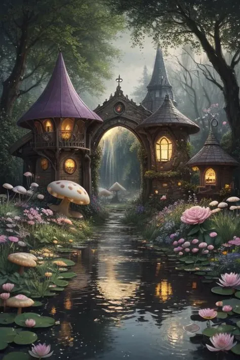 trending on Artstation, cute fantasy highly detailed, surrealistic, birds, butterflies, cute fantasy cartoon, flowers, swirls, pearls, woodland, mushrooms, cute fantasy fairy butterflies, cute fairy birds, water lilies, elf, elves, roses, peonies, dandelions, fairy woodland, forest, cute, fantasy, swirl, fairy flowers, fairy mushrooms, fairy trees, meadow, field, lanterns, candles, light, lake, water, raindrops, waterstream, soap bubbles, huge mushrooms, houses, huts, fantasy fairy girls, people, humans, lampposts, lamp posts, water fountain, fairyland portal, portal to fairyland, huge mushrooms, subsurface scattering, ultra hd, 4k, high def, Photorealistic, Hyperrealistic, Hyper detailed, analog style, realistic, masterpiece, best quality, ultra realistic, 8k, Intricate, High Detail, film photography, soft lighting,  heavy shadow