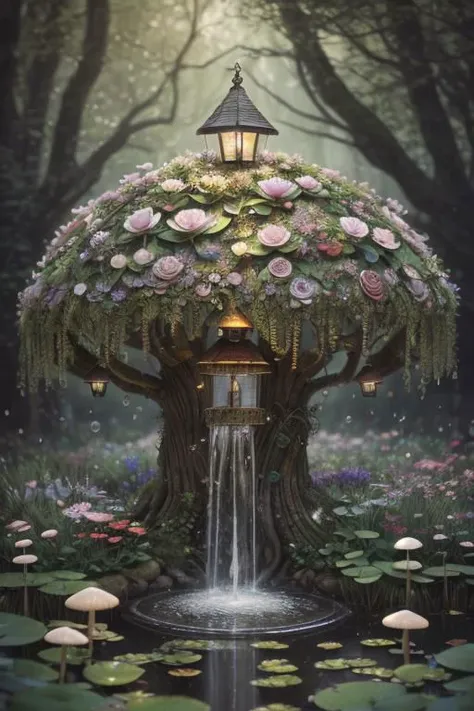 trending on Artstation, cute fantasy highly detailed, surrealistic, birds, butterflies, cute fantasy cartoon, flowers, swirls, pearls, woodland, mushrooms, cute fantasy fairy butterflies, cute fairy birds, water lilies, elf, elves, roses, peonies, dandelions, fairy woodland, forest, cute, fantasy, swirl, fairy flowers, fairy mushrooms, fairy trees, meadow, field, lanterns, candles, light, lake, water, raindrops, waterstream, soap bubbles, huge mushrooms, houses, huts, fantasy fairy girls, people, humans, lampposts, lamp posts, water fountain, fairyland portal, portal to fairyland, huge mushrooms, subsurface scattering, ultra hd, 4k, high def, Photorealistic, Hyperrealistic, Hyper detailed, analog style, realistic, masterpiece, best quality, ultra realistic, 8k, Intricate, High Detail, film photography, soft lighting,  heavy shadow