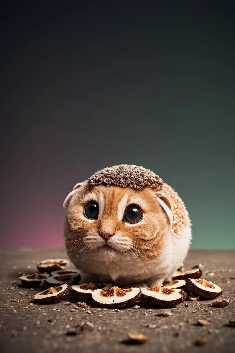 cute, kawaii, face on photorealistic shiitake mushroom. Background cyberpunk dystopic megacity with futuristic robots looking in high detail. Geometrically aesthetic, photorealistic, ambient occlusion, Fibonacci sequence, red-green-blue pattern tessellation, extreme detail, tilt shift, subsurface scattering, ultra hd, 4k, high def, Photorealistic, Hyperrealistic, Hyper detailed, analog style, realistic, masterpiece, best quality, ultra realistic, 8k, Intricate, High Detail, film photography, soft lighting, heavy shadow