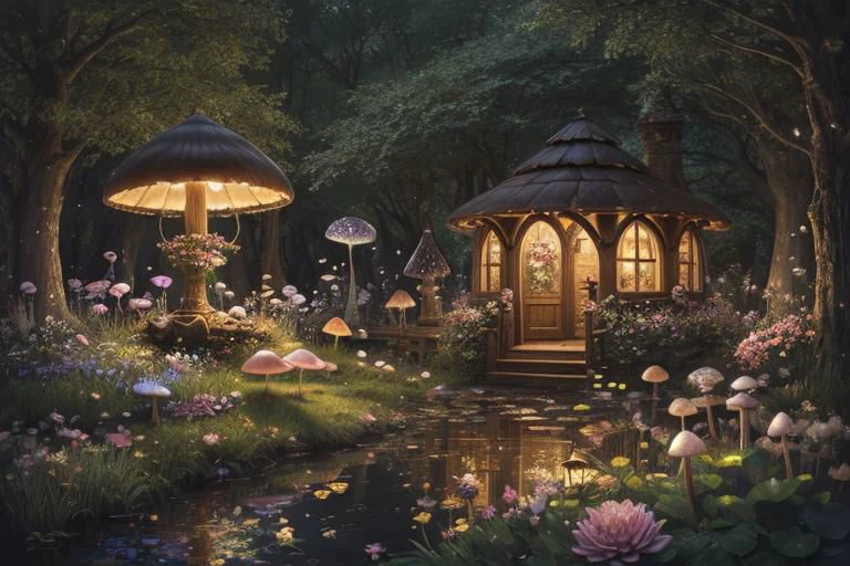trending on Artstation, cute fantasy highly detailed, surrealistic, birds, butterflies, cute fantasy cartoon, flowers, swirls, pearls, woodland, mushrooms, cute fantasy fairy butterflies, cute fairy birds, water lilies, elf, elves, roses, peonies, dandelions, fairy woodland, forest, cute, fantasy, swirl, fairy flowers, fairy mushrooms, fairy trees, meadow, field, lanterns, candles, light, lake, water, raindrops, waterstream, soap bubbles, huge mushrooms, houses, huts, fantasy fairy girls, people, humans, lampposts, lamp posts, water fountain, fairyland portal, portal to fairyland, huge mushrooms, subsurface scattering, ultra hd, 4k, high def, Photorealistic, Hyperrealistic, Hyper detailed, analog style, realistic, masterpiece, best quality, ultra realistic, 8k, Intricate, High Detail, film photography, soft lighting, heavy shadow