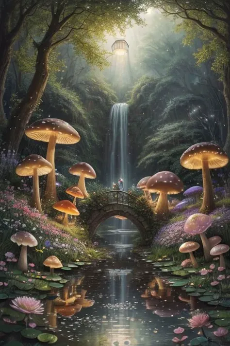 trending on Artstation, cute fantasy highly detailed, surrealistic, birds, butterflies, cute fantasy cartoon, flowers, swirls, pearls, woodland, mushrooms, cute fantasy fairy butterflies, cute fairy birds, water lilies, elf, elves, roses, peonies, dandelions, fairy woodland, forest, cute, fantasy, swirl, fairy flowers, fairy mushrooms, fairy trees, meadow, field, lanterns, candles, light, lake, water, raindrops, waterstream, soap bubbles, huge mushrooms, houses, huts, fantasy fairy girls, people, humans, lampposts, lamp posts, water fountain, fairyland portal, portal to fairyland, huge mushrooms, subsurface scattering, ultra hd, 4k, high def, Photorealistic, Hyperrealistic, Hyper detailed, analog style, realistic, masterpiece, best quality, ultra realistic, 8k, Intricate, High Detail, film photography, soft lighting,  heavy shadow