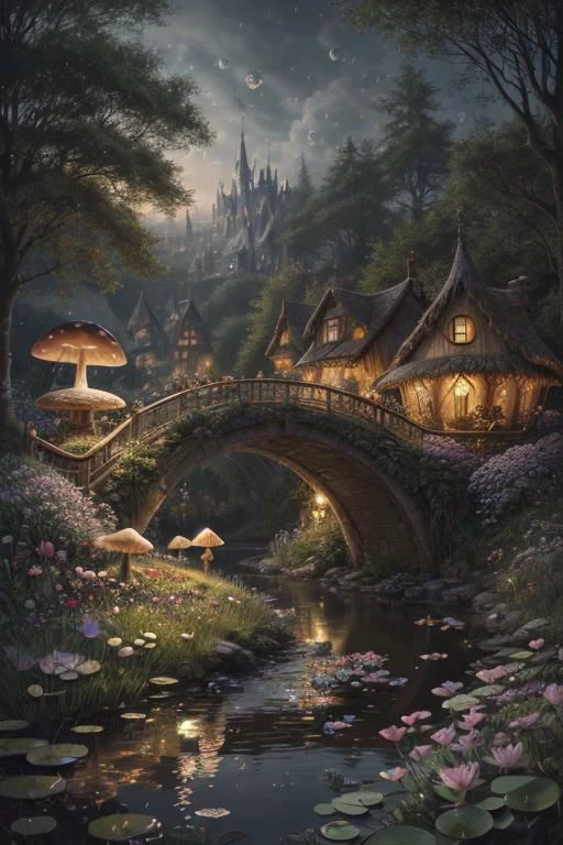 trending on Artstation, cute fantasy highly detailed, surrealistic, birds, butterflies, cute fantasy cartoon, flowers, swirls, pearls, woodland, mushrooms, cute fantasy fairy butterflies, cute fairy birds, water lilies, elf, elves, roses, peonies, dandelions, fairy woodland, forest, cute, fantasy, swirl, fairy flowers, fairy mushrooms, fairy trees, meadow, field, lanterns, candles, light, lake, water, raindrops, waterstream, soap bubbles, huge mushrooms, houses, huts, fantasy fairy girls, people, humans, lampposts, lamp posts, water fountain, fairyland portal, portal to fairyland, huge mushrooms, subsurface scattering, ultra hd, 4k, high def, Photorealistic, Hyperrealistic, Hyper detailed, analog style, realistic, masterpiece, best quality, ultra realistic, 8k, Intricate, High Detail, film photography, soft lighting, heavy shadow