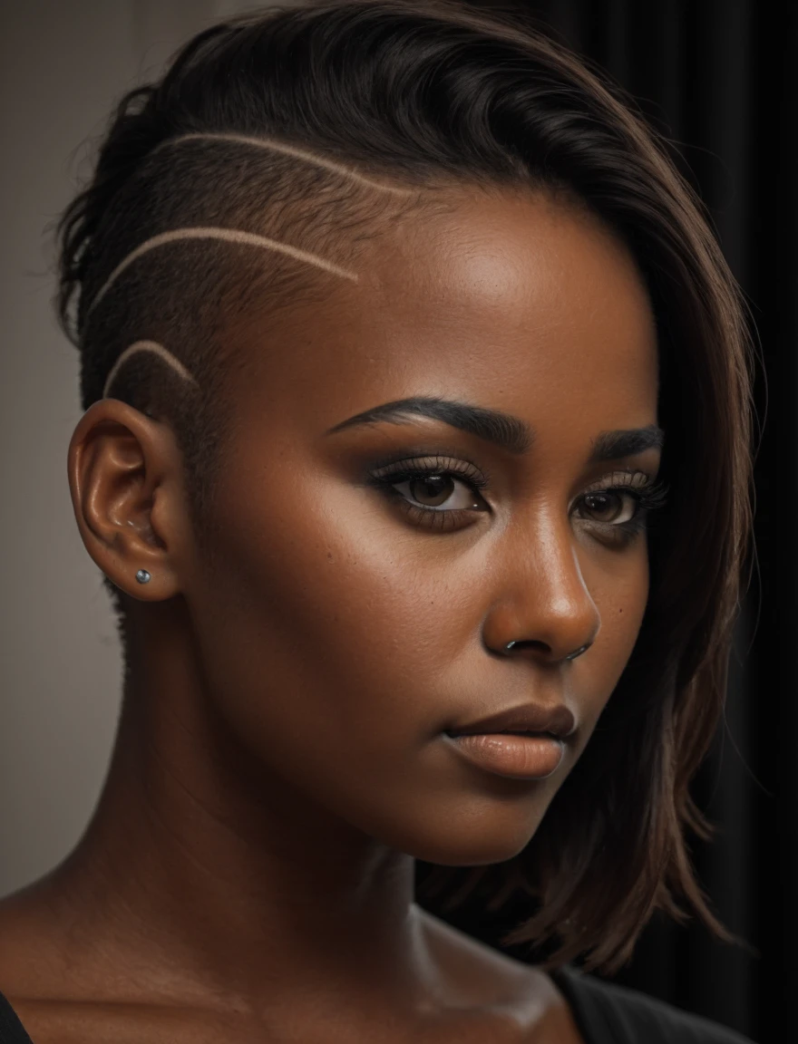 a woman with a short haircut is looking at the camera with a serious look on her face, Echo Chernik, short hair, a character portrait, precisionism, side-shaved head, undercut, PA7_Human-Likeness PA7_Photo <lora:Black_Women:1>