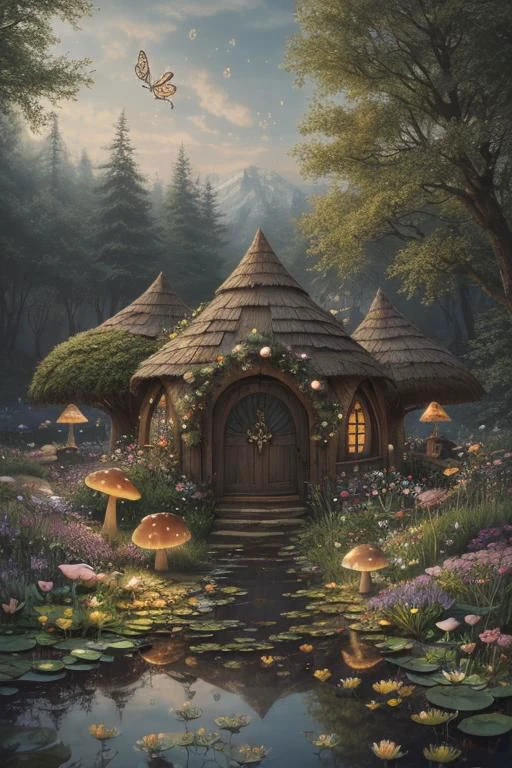 trending on Artstation, cute fantasy highly detailed, surrealistic, birds, butterflies, cute fantasy cartoon, flowers, swirls, pearls, woodland, mushrooms, cute fantasy fairy butterflies, cute fairy birds, water lilies, elf, elves, roses, peonies, dandelions, fairy woodland, forest, cute, fantasy, swirl, fairy flowers, fairy mushrooms, fairy trees, meadow, field, lanterns, candles, light, lake, water, raindrops, waterstream, soap bubbles, huge mushrooms, houses, huts, fantasy fairy girls, people, humans, lampposts, lamp posts, water fountain, fairyland portal, portal to fairyland, huge mushrooms, subsurface scattering, ultra hd, 4k, high def, Photorealistic, Hyperrealistic, Hyper detailed, analog style, realistic, masterpiece, best quality, ultra realistic, 8k, Intricate, High Detail, film photography, soft lighting, heavy shadow